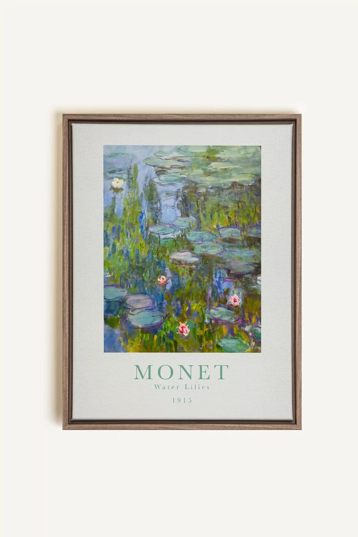 WATER LILIES, Artwork on stretched canvas, framed in Brown Oak