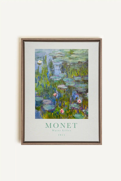 WATER LILIES, Artwork on stretched canvas, framed in Brown Oak