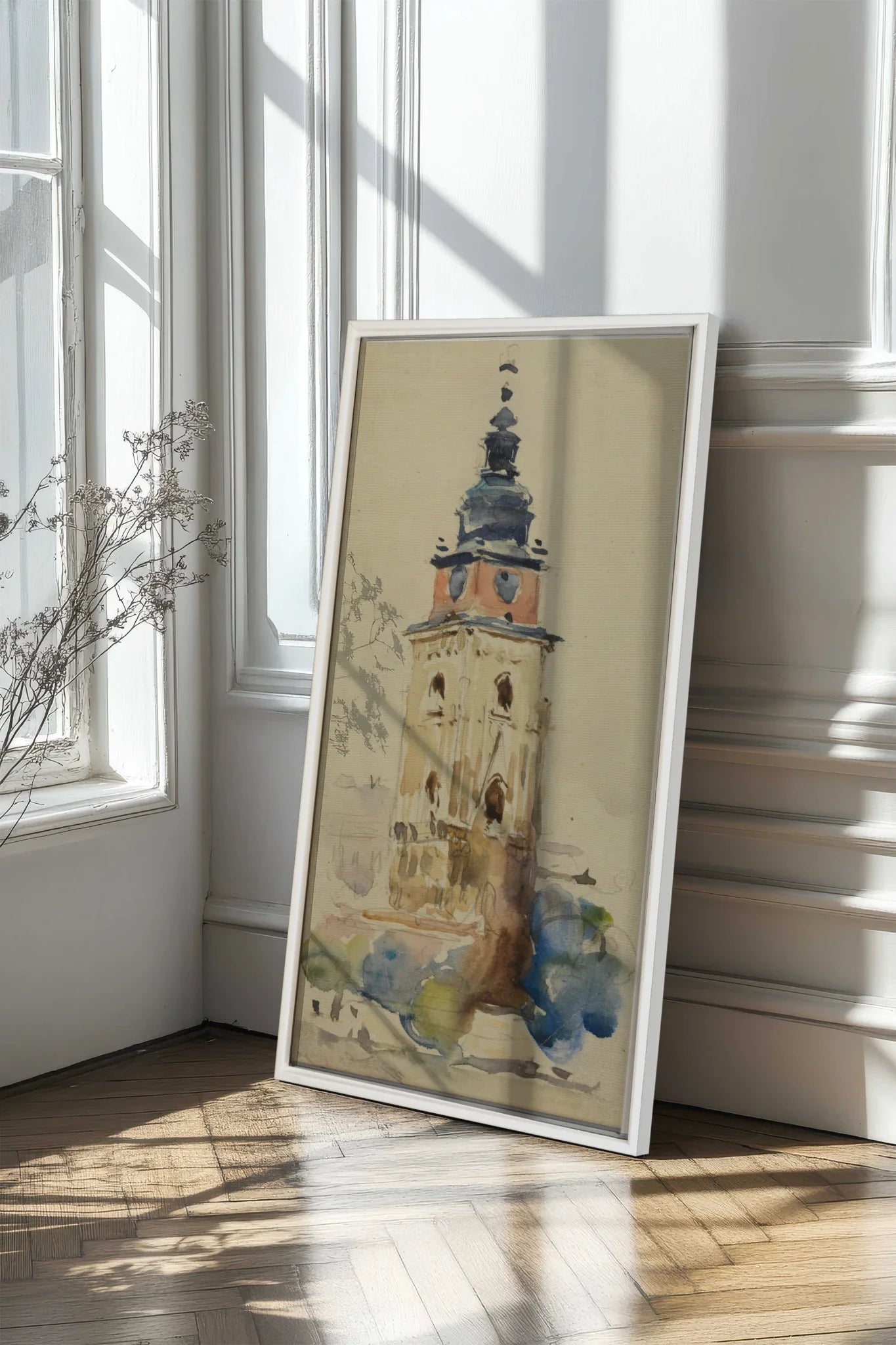 ANCIENT TOWER, Oeuvre sur toile étirée, encadré Blanc
