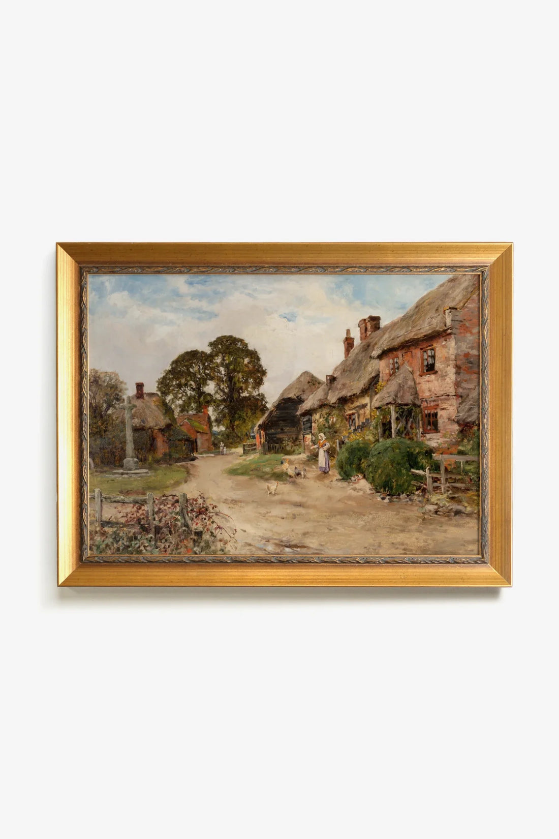 AU COEUR DU VILLAGE, Oeuvre sur toile rigide, encadré Vintage Or