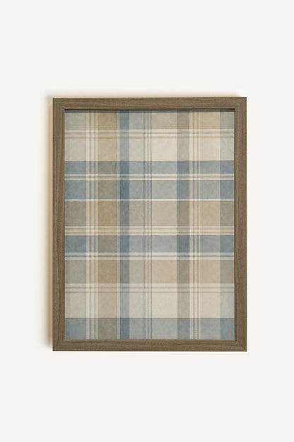 BLUE PLAID, Oeuvre sur toile rigide, encadré brun chêne