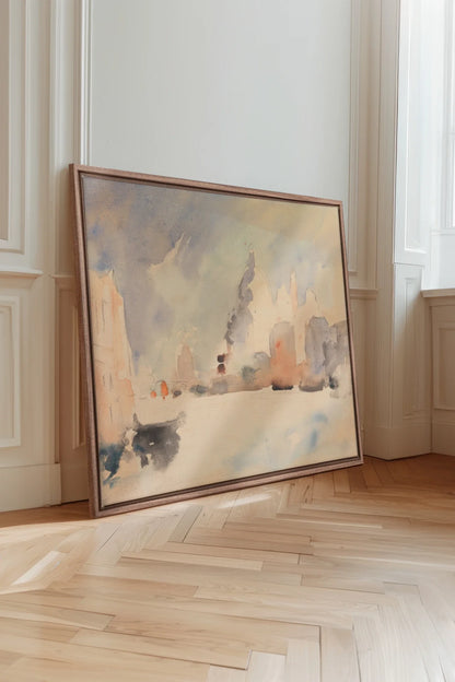 CITY IN MIST, Oeuvre sur toile étirée, encadré Brun Chêne
