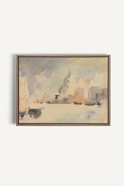 CITY IN MIST, Oeuvre sur toile étirée, encadré Brun Chêne