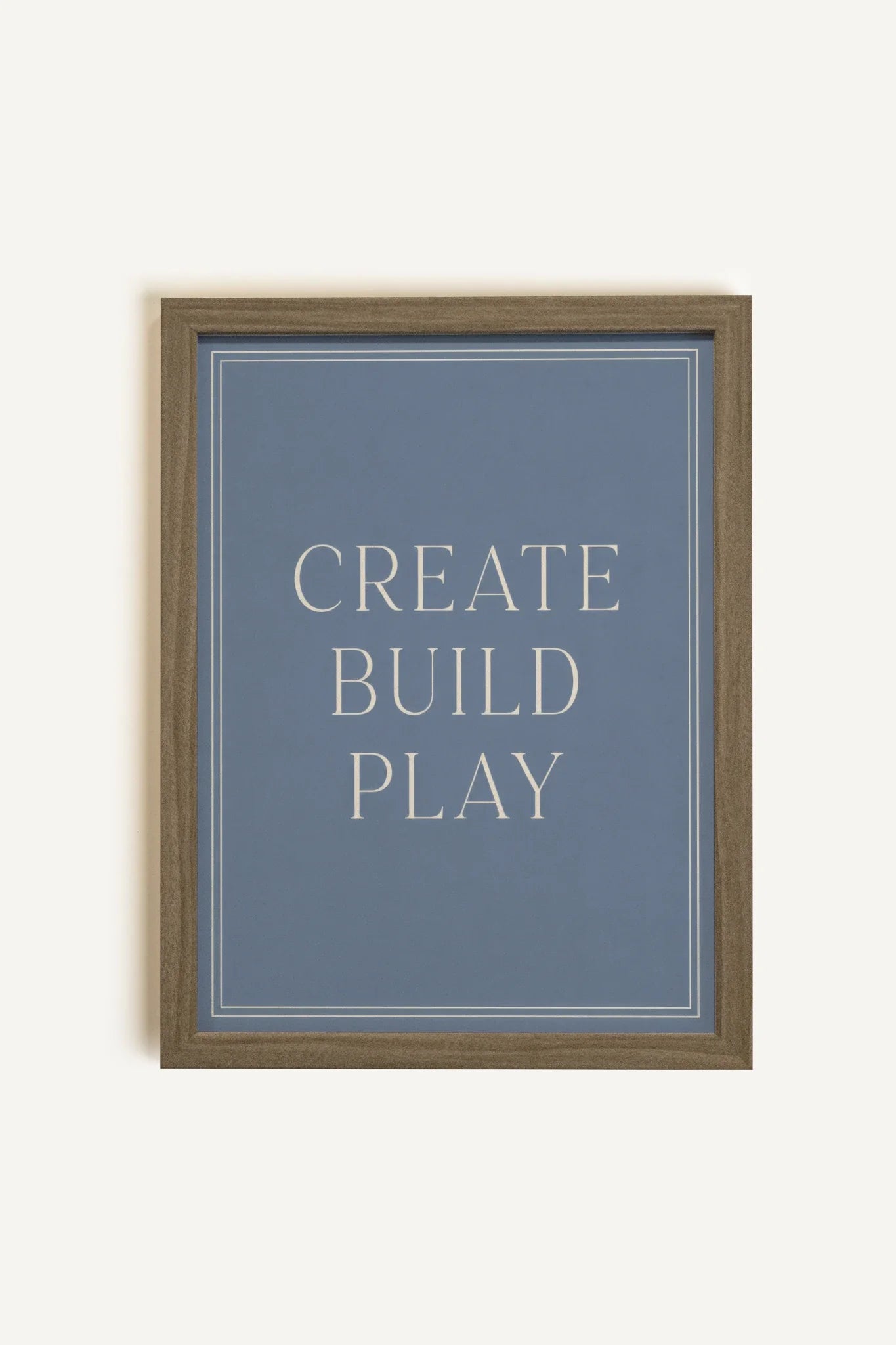 CREATE,BUILD,PLAY, Oeuvre sur toile rigide, encadré brun chêne