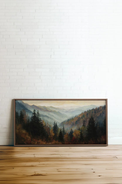DAWN IN THE PINES, Work on stretched canvas, framed Oak Brown