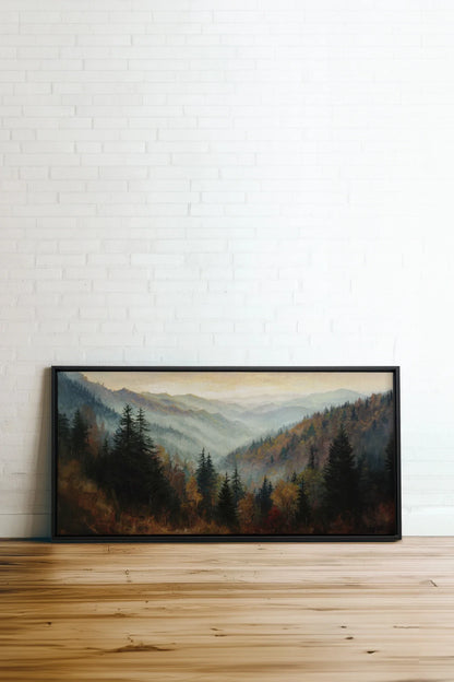 DAWN IN THE PINES, Work on stretched canvas, framed Black
