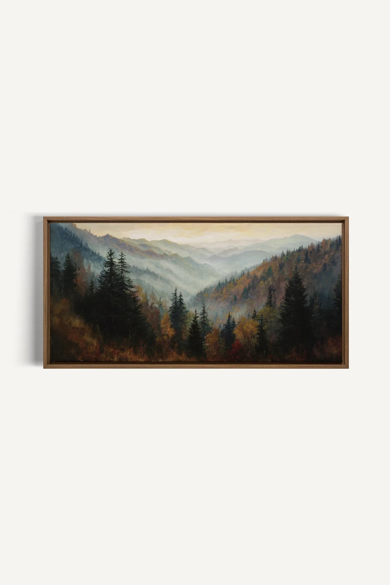 DAWN IN THE PINES, Work on stretched canvas, framed Oak Brown