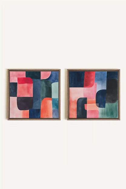 DUO ÉCLATS COLORÉS, 2 Oeuvres sur toile étirée, encadré Brun Chêne