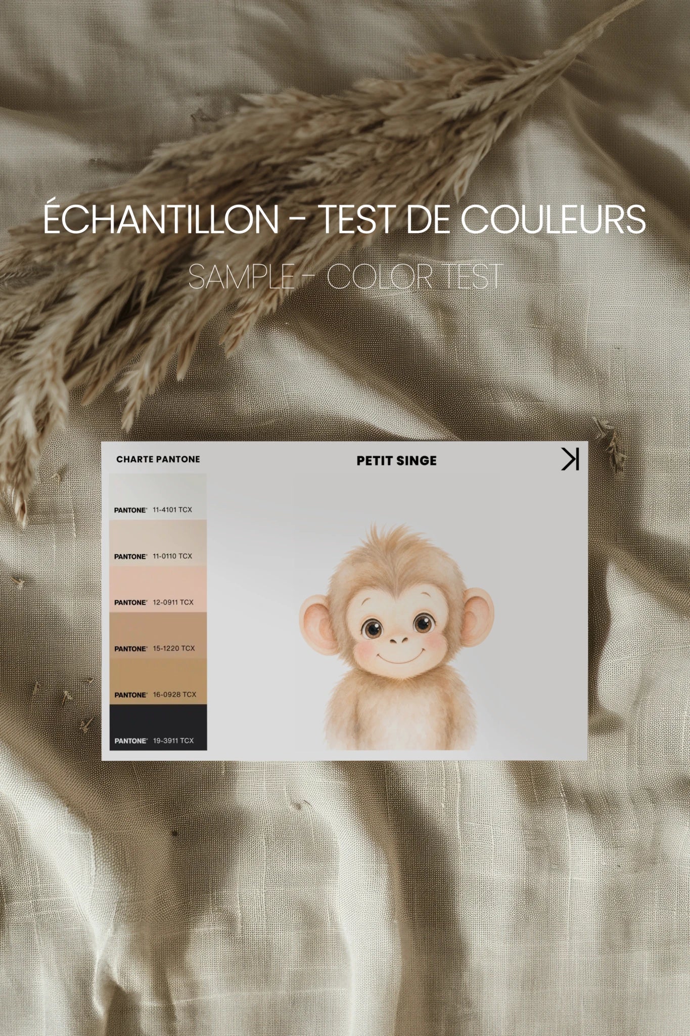 PETIT SINGE, Oeuvre sur toile rigide, encadré brun chêne