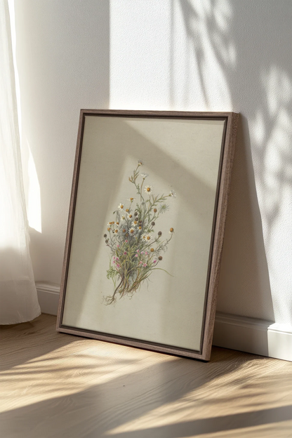 FLEURS DES PRÉS, Oeuvre sur toile étirée, encadré Brun Chêne