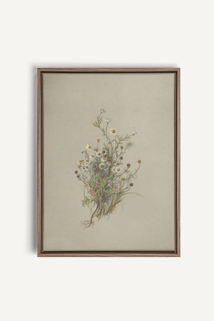 FLEURS DES PRÉS, Oeuvre sur toile étirée, encadré Brun Chêne