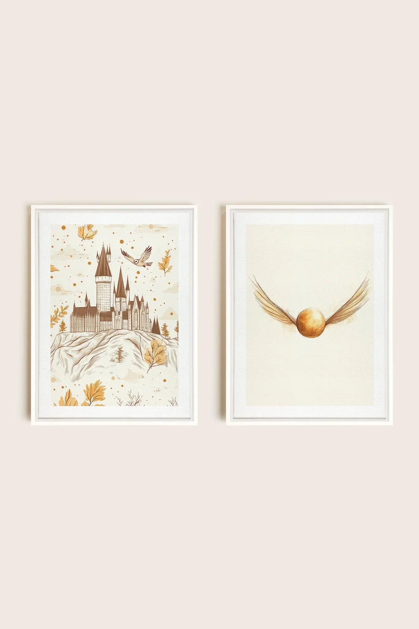 OLEKA CANVAS - GOLDEN WINGS DUO, 2 Oeuvres sur toile étirée, encadré Blanc
