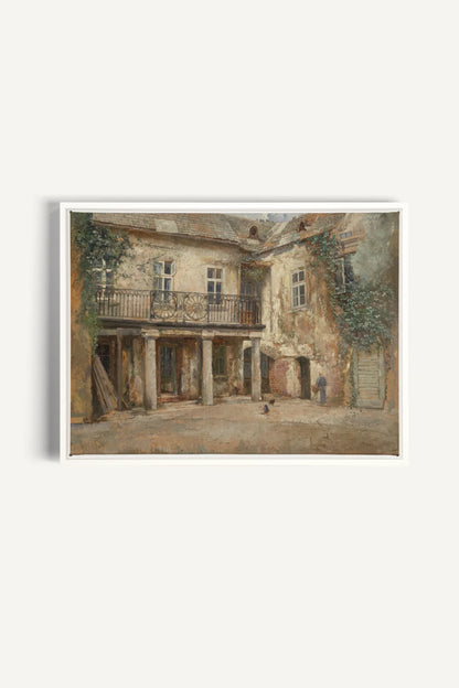 LA COUR PAISIBLE, Oeuvre sur toile étirée, encadré Blanc