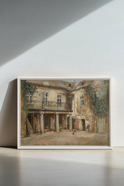 LA COUR PAISIBLE, Oeuvre sur toile étirée, encadré Blanc