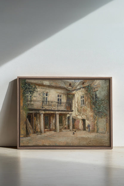 LA COUR PAISIBLE, Oeuvre sur toile étirée, encadré Brun Chêne