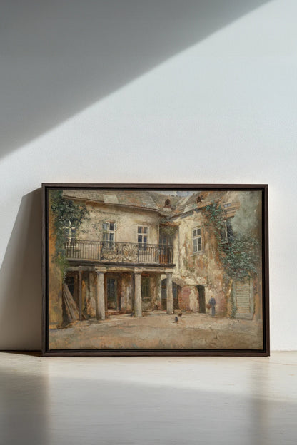 LA COUR PAISIBLE, Oeuvre sur toile étirée, encadré Brun Noyer
