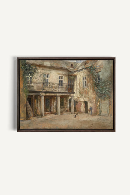 LA COUR PAISIBLE, Oeuvre sur toile étirée, encadré Brun Noyer