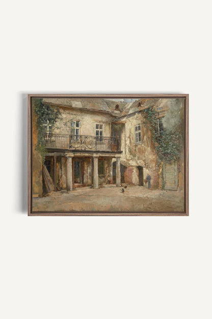 LA COUR PAISIBLE, Oeuvre sur toile étirée, encadré Brun Chêne