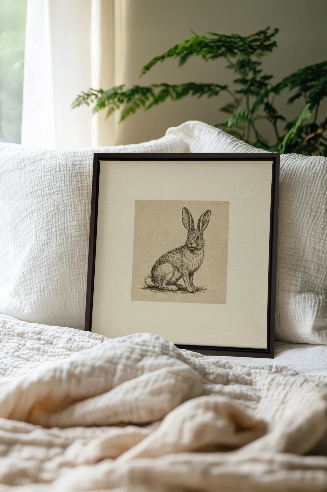 LAPIN DE LIN, Oeuvre sur toile étirée, encadré Noir