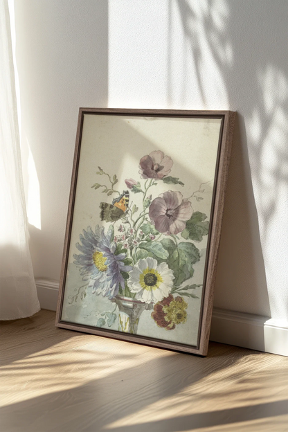 LE JARDIN PAPILLON, Oeuvre sur toile étirée, encadré Brun Chêne