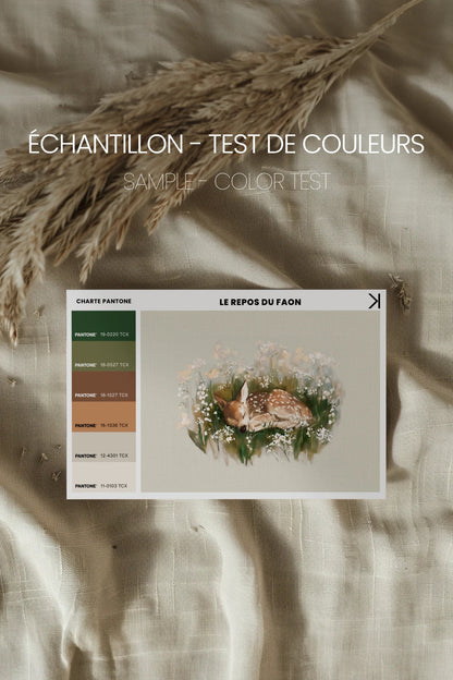 LE REPOS DU FAON, Oeuvre sur toile rigide, encadré brun chêne