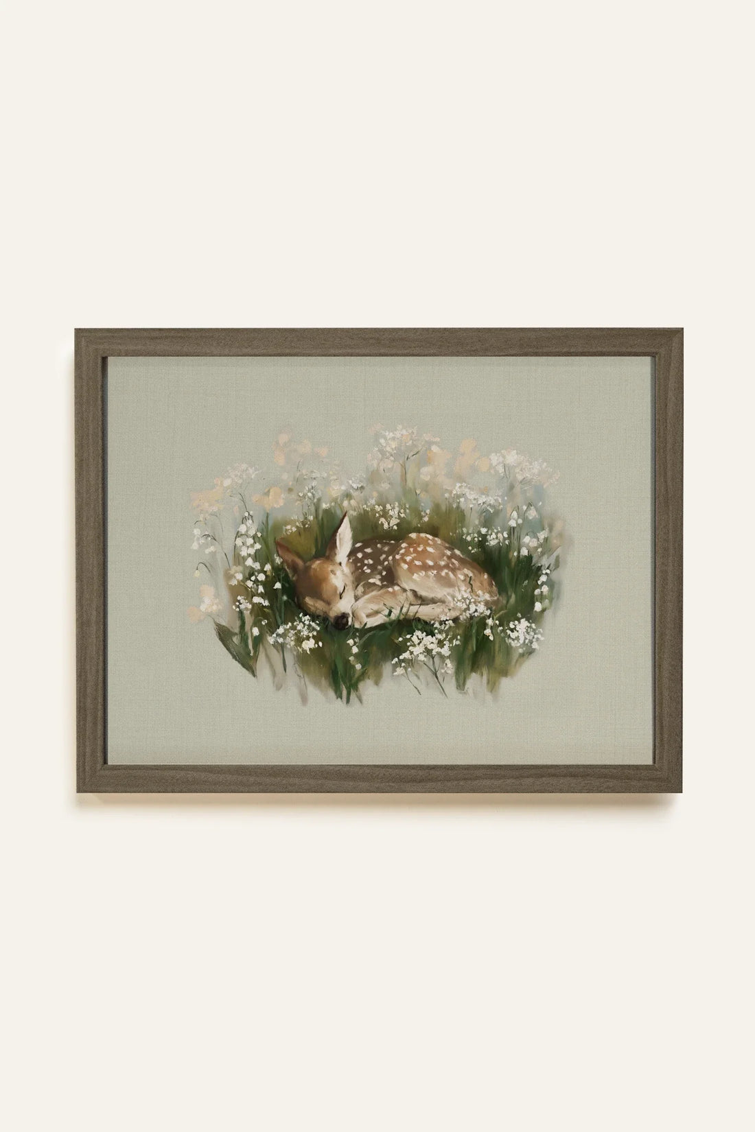 LE REPOS DU FAON, Oeuvre sur toile rigide, encadré brun chêne