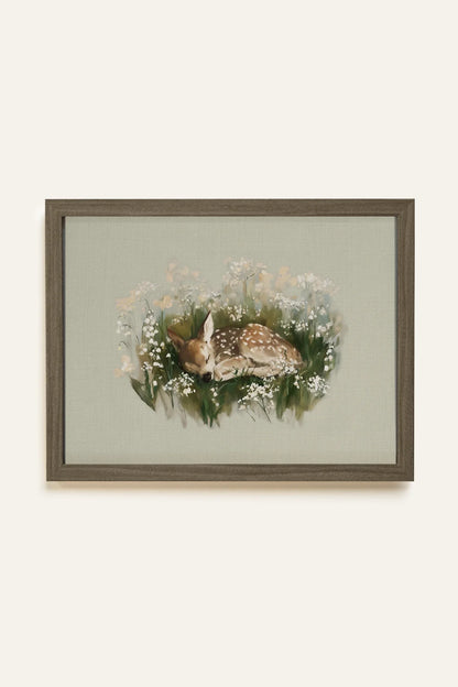 LE REPOS DU FAON, Oeuvre sur toile rigide, encadré brun chêne
