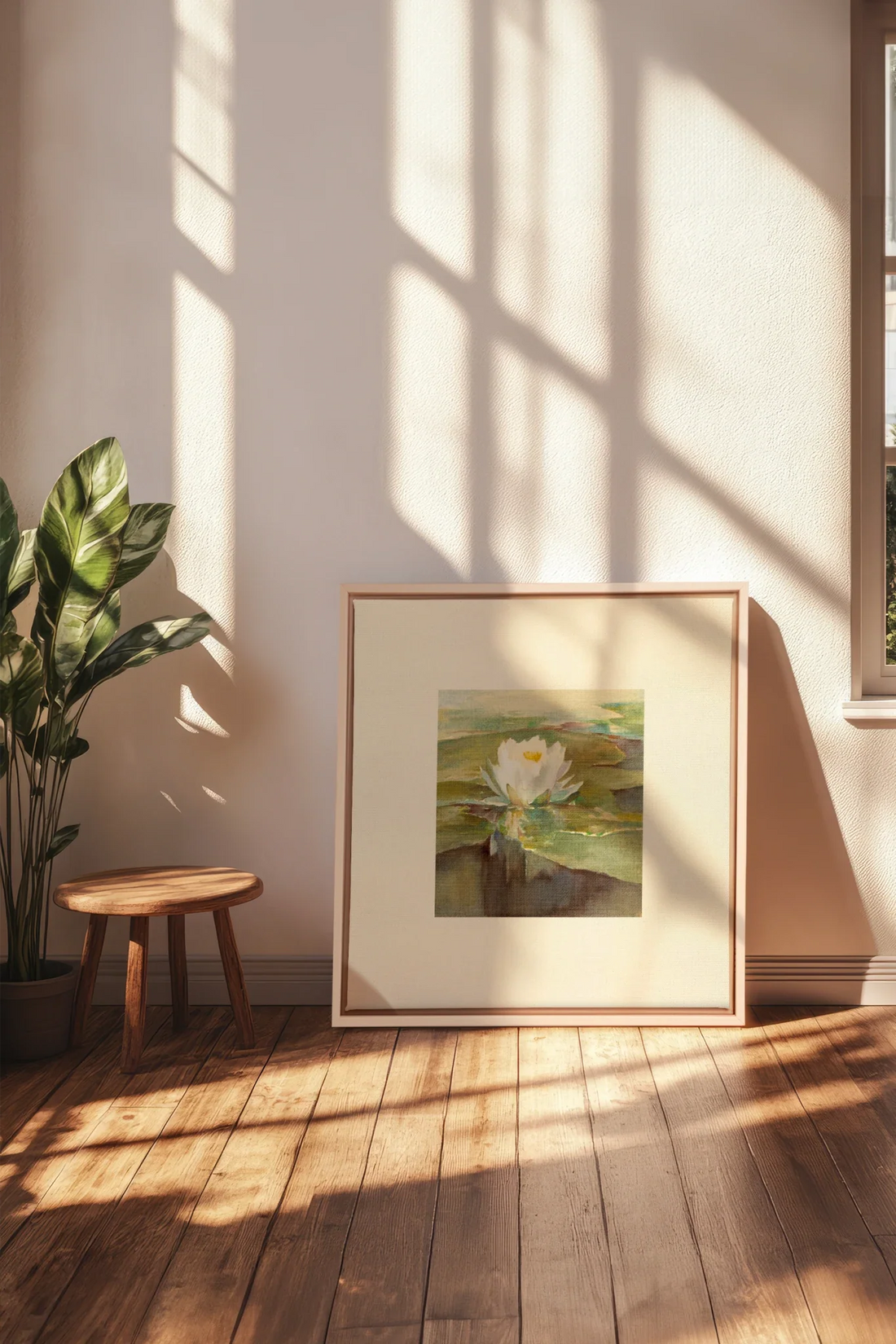 LOTUS DE LIN, Oeuvre sur toile étirée, encadré Naturel Clair
