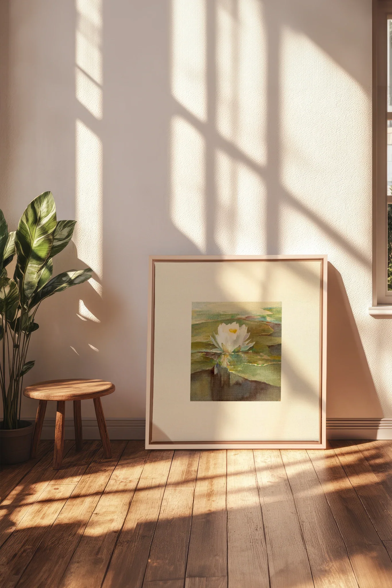 LOTUS DE LIN, Oeuvre sur toile étirée, encadré Naturel Clair