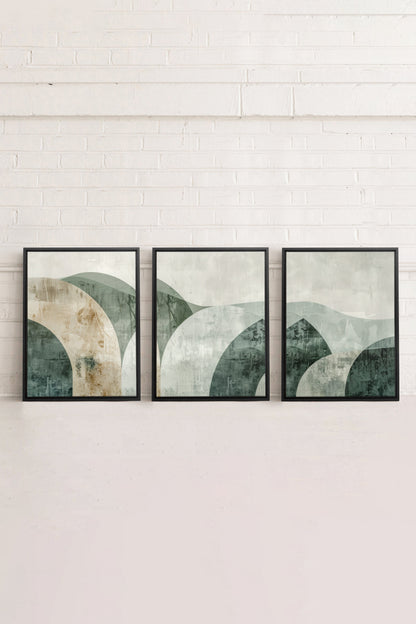 OLEKA CANVAS - GREEN ELEGANCE TRIO, 3 Oeuvres sur toile étirée, encadré Noir
