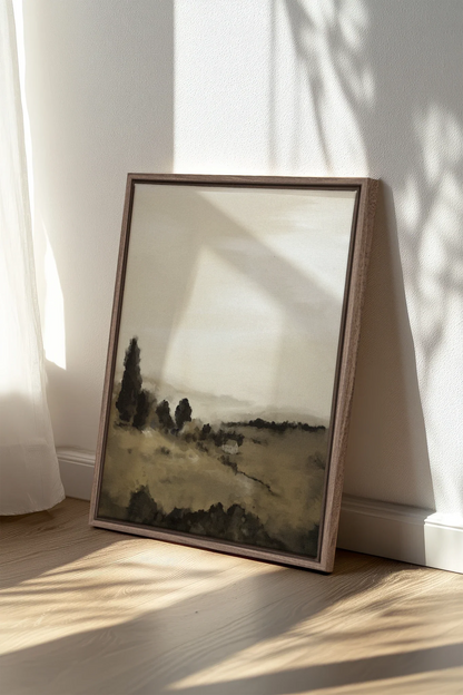 PRAIRIE DE BRUME, Work on stretched canvas, framed Oak Brown