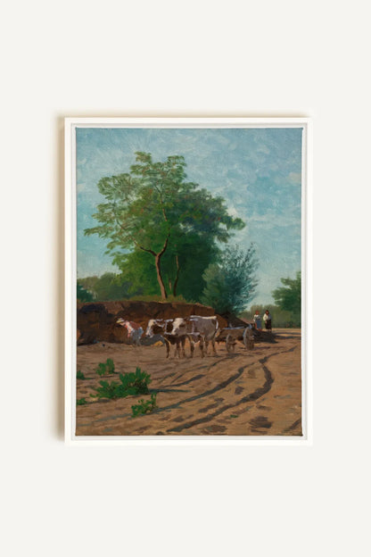 ROUTE DU VILLAGE, Oeuvre sur toile étirée, encadré Blanc