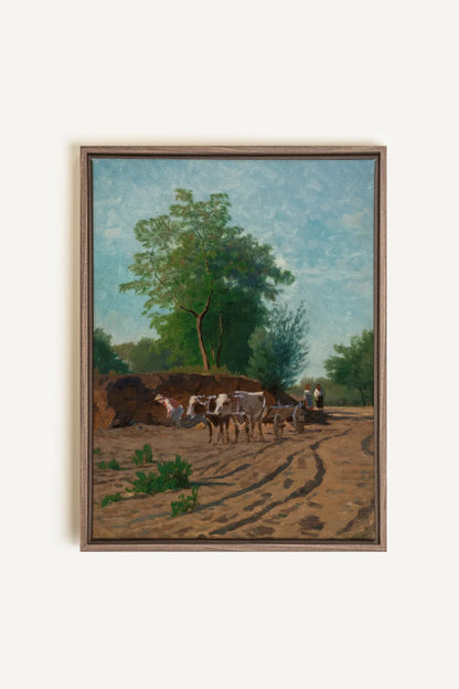 ROUTE DU VILLAGE, Oeuvre sur toile étirée, encadré Brun Chêne
