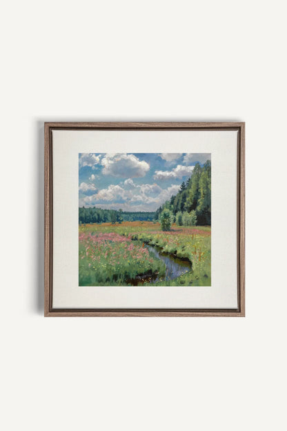 RUISSEAU FLEURI, Oeuvre sur toile étirée, encadré Brun Chêne