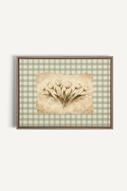 SAGE GINGHAM, Oeuvre sur toile étirée, encadré Brun Chêne