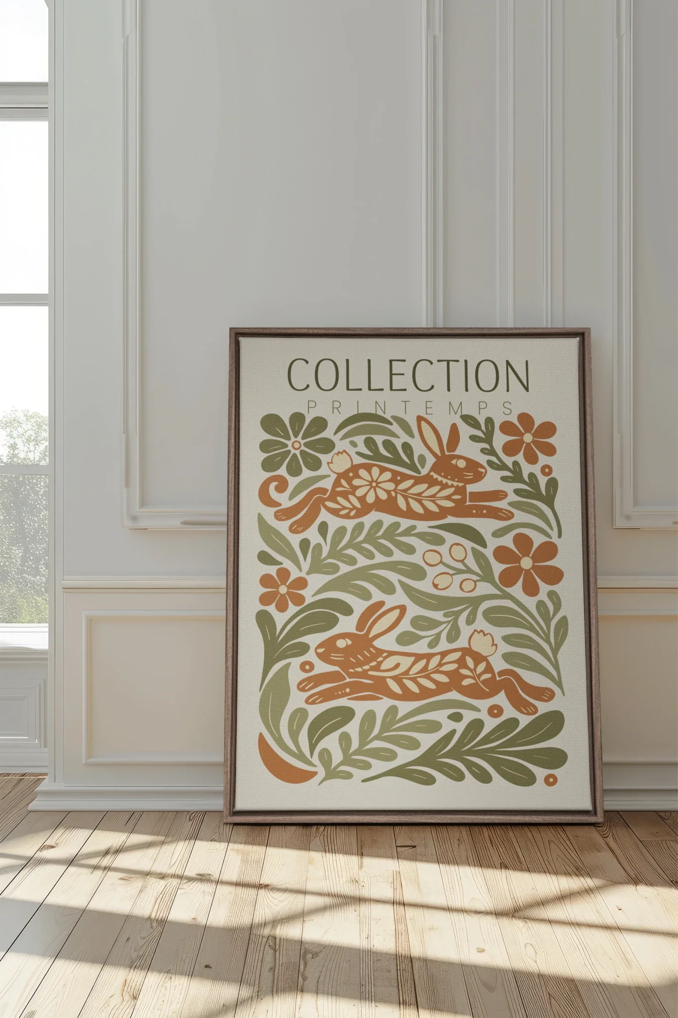 SPRING RABBITS, Oeuvre sur toile étirée, encadré Brun Chêne