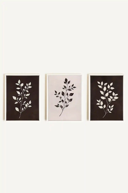 TRIO FEUILLAGE BRUN, 3 Works on stretched canvas, framed in white