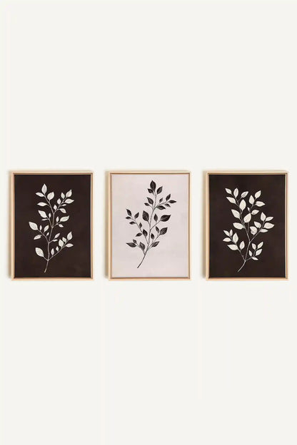 TRIO FEUILLAGE BRUN, 3 Oeuvres sur toile étirée, encadré Naturel Clair