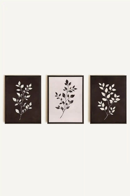 TRIO FEUILLAGE BRUN, 3 Oeuvres sur toile étirée, encadré Brun Noyer