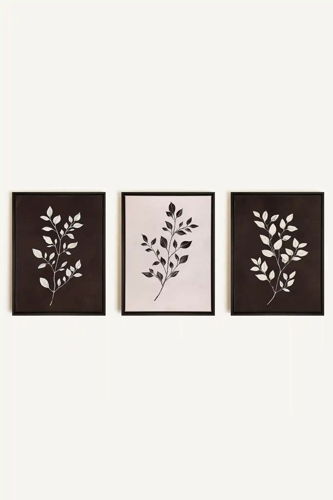 TRIO FEUILLAGE BRUN, 3 Oeuvres sur toile étirée, encadré Noir