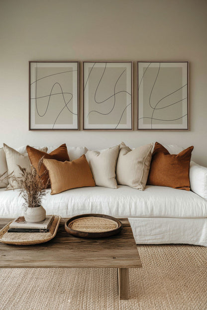OLEKA CANVAS - ELEGANT CURVES TRIO, 3 Oeuvres sur toile étirée, encadré Brun Chêne