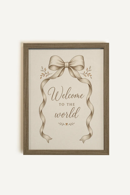WELCOME TO THE WORLD, Oeuvre sur toile rigide, encadré brun chêne